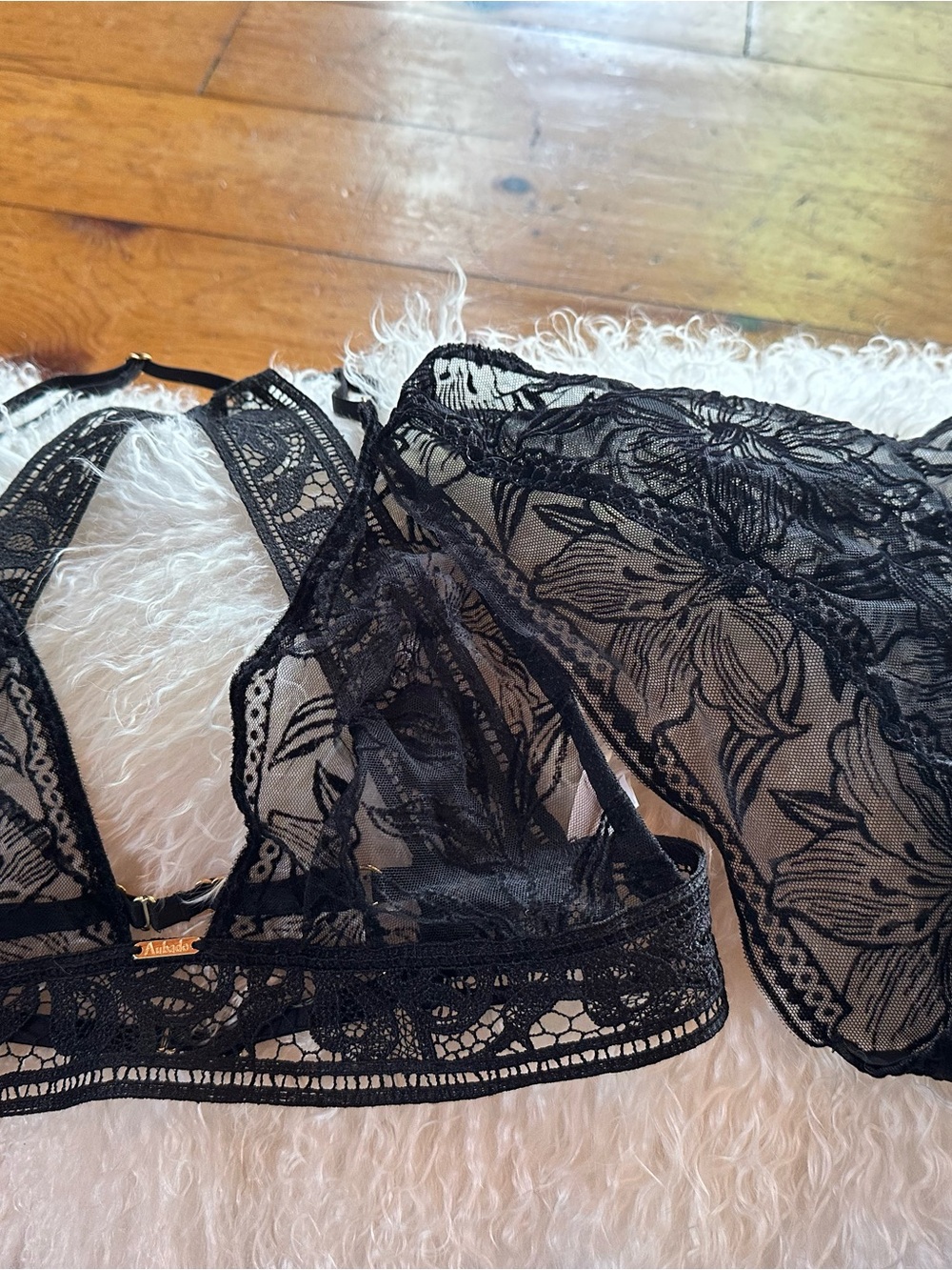 Aubade Black Sheer Floral velvet Lace Bralette & Brief Set